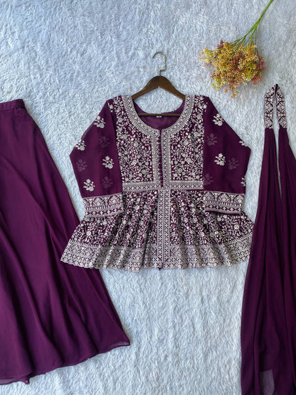 Embroidered Georgette Peplum Top with Palazzo & Dupatta Set | Festive Party Wear Kurti Set for Women