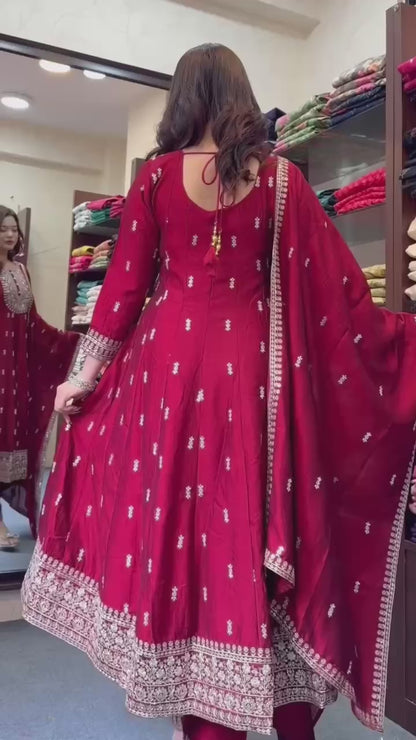 Maroon Heavy Chinon Silk Gown Set with Dupatta