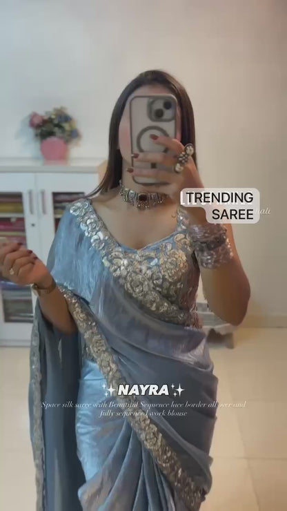 Sky Blue Designer Saree with Cording & Sequins Embroidery | Unstitched Blouse