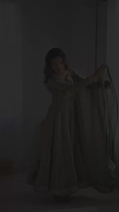 Designer Fandy Silk Embroidered Gown Set with Pant & Dupatta