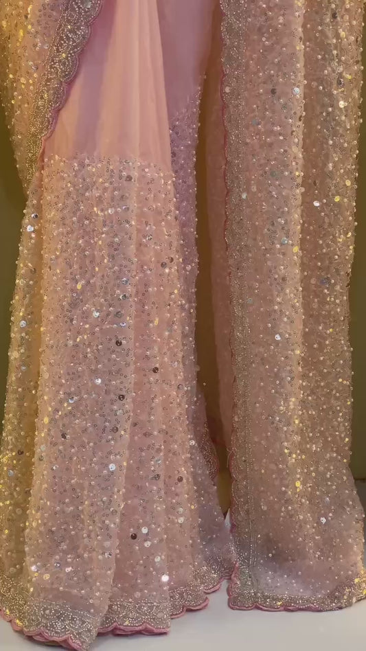 Soft Net Sequins & Beads Embroidered Saree with Designer Blouse – Wedding, Party & Festive Wear Saree