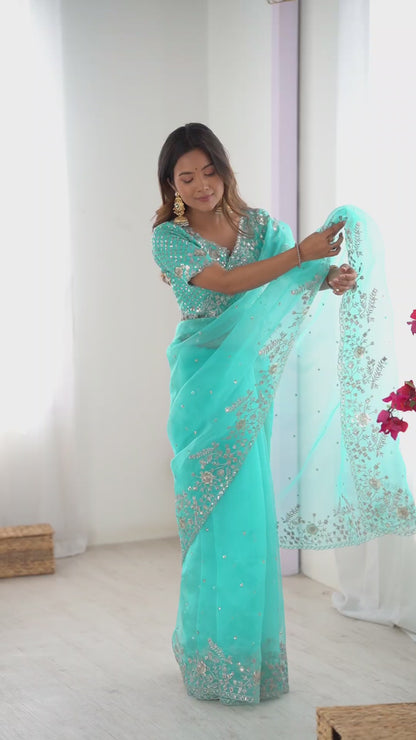 Designer Heavy Organza Silk Embroidered Saree with Blouse