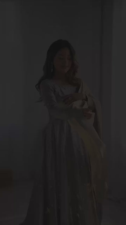 Designer Fandy Silk Embroidered Gown Set with Pant & Dupatta