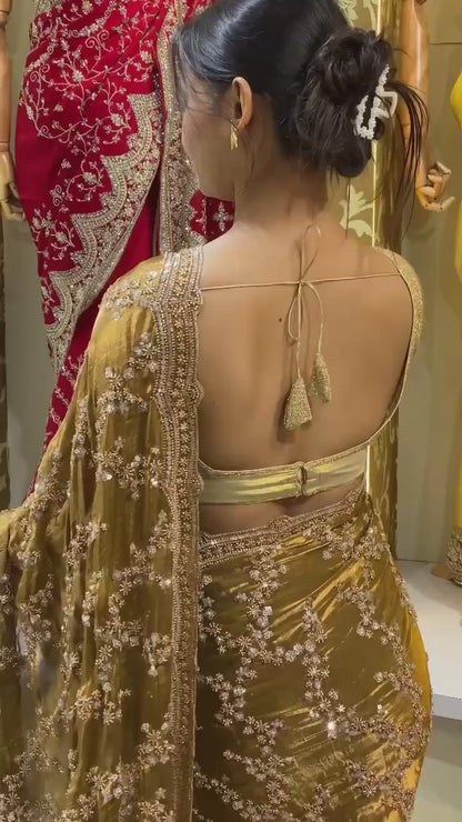 Soft Space Silk Saree with Beads & Sequins Embroidery and Matching Blouse