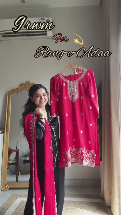 Adaa Chinon Embroidered Kurti Salwar Dupatta Set