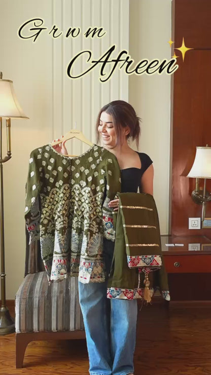 Designer Chinon Top Kali Plazzo Set with Embroidered Dupatta