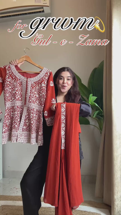 Embroidered Georgette Peplum Top with Palazzo & Dupatta Set | Festive Party Wear Kurti Set for Women