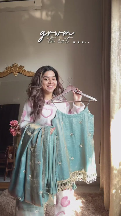 Fendy Silk Embroidered Sharara Suit Set with Real Mirror Work – Designer Party & Wedding Wear Sharara Plazzo Set for Women