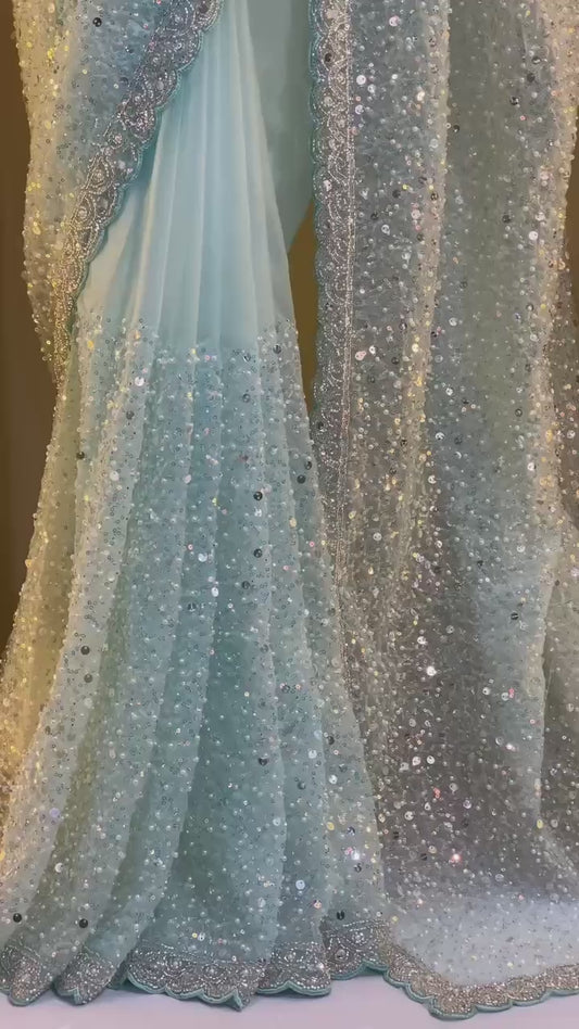Soft Net Sequins & Beads Embroidered Saree with Designer Blouse – Wedding, Party & Festive Wear Saree