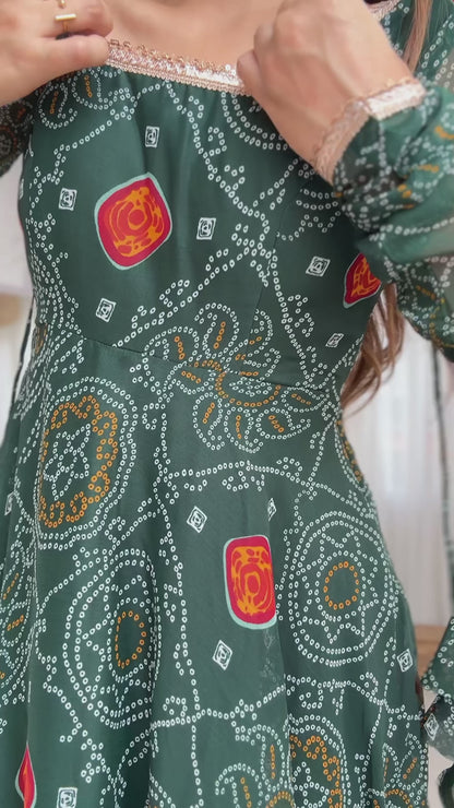 New Designer Bandhej Gown Set – Pure Soft Chiffon Anarkali with Dupatta and Pant