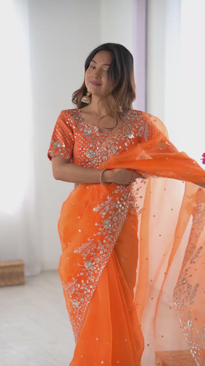 Designer Heavy Organza Silk Embroidered Saree with Blouse