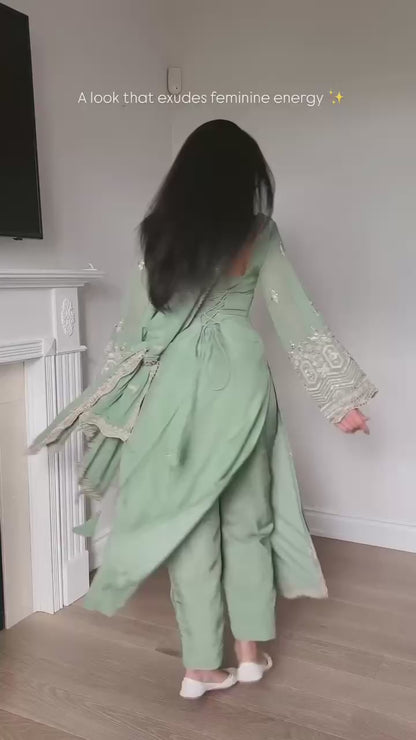 Faux Georgette Embroidered Kurti Set with Dupatta & Pant