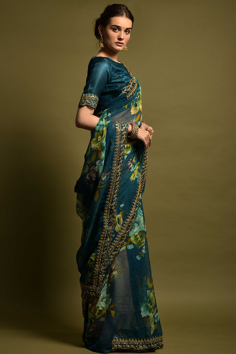 Teal Blue Chiffon Floral Printed Saree