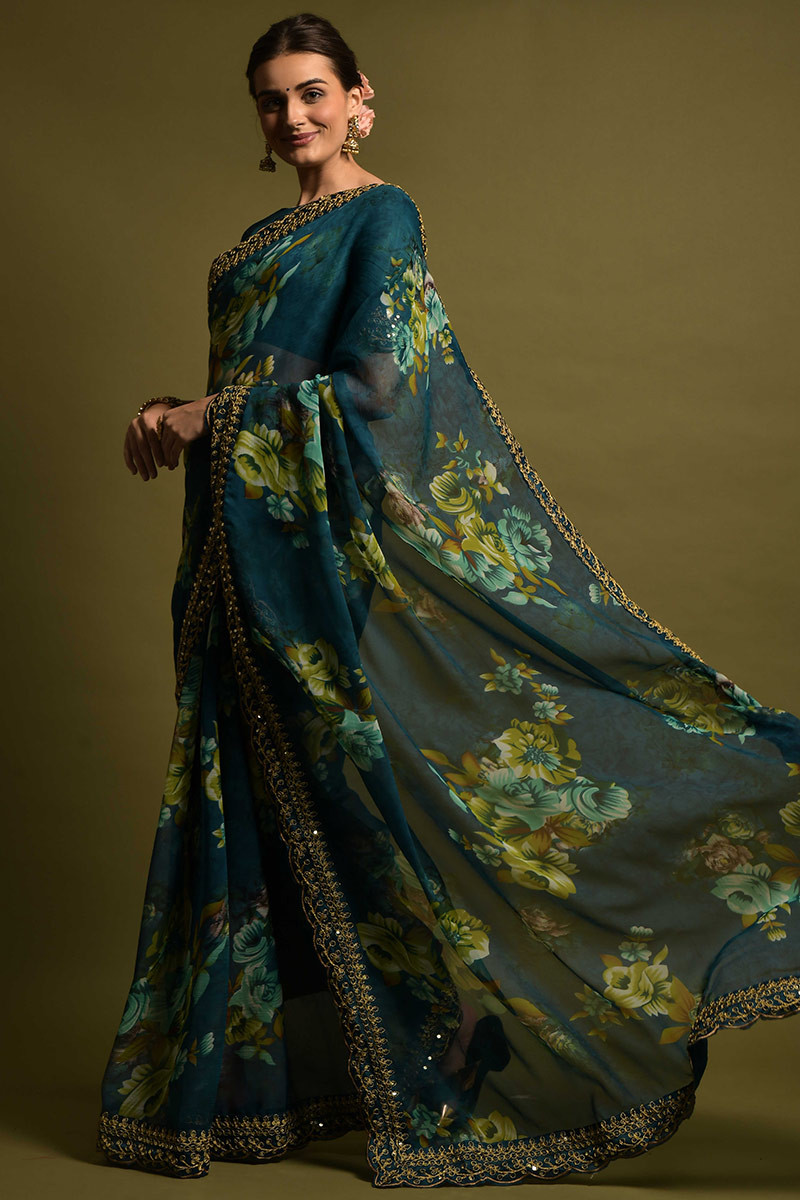 Teal Blue Chiffon Floral Printed Saree