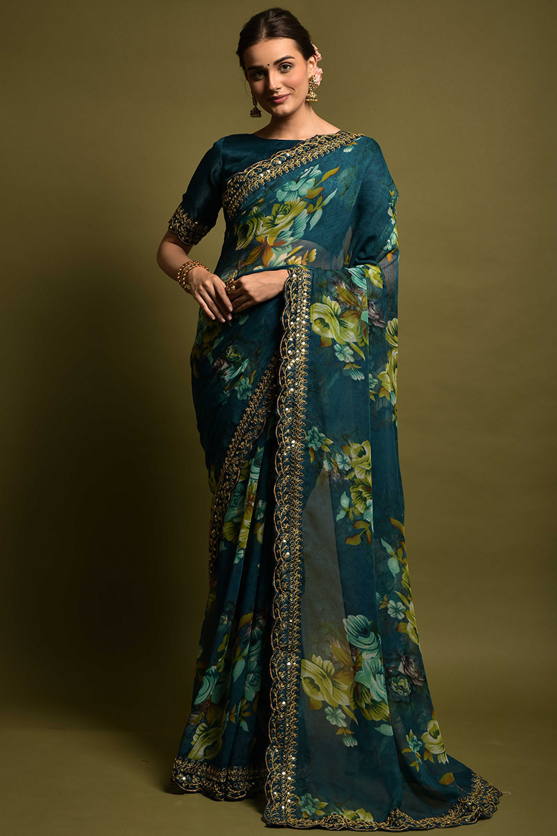 Teal Blue Chiffon Floral Printed Saree