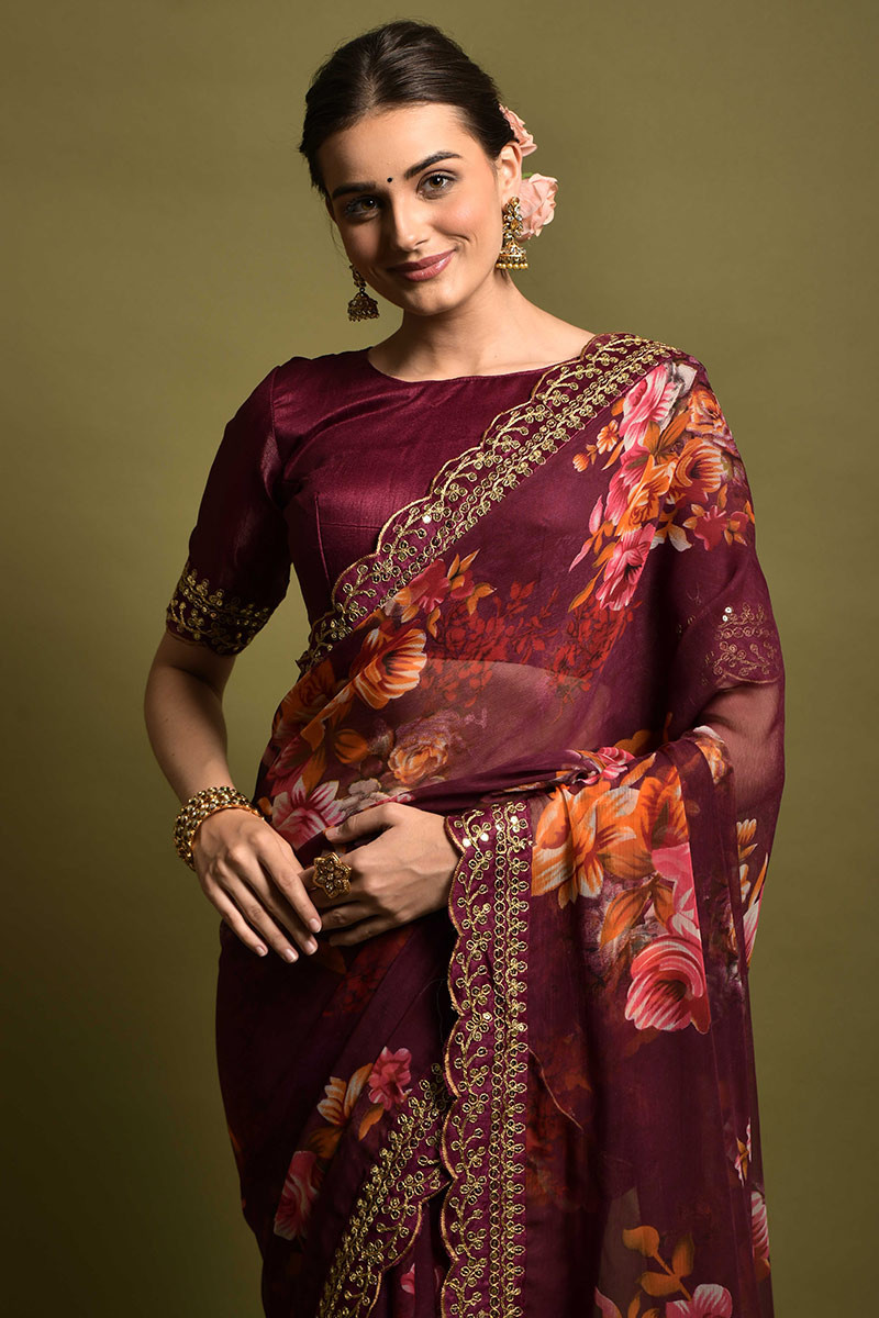 Floral Printed Chiffon Cherry Maroon Saree