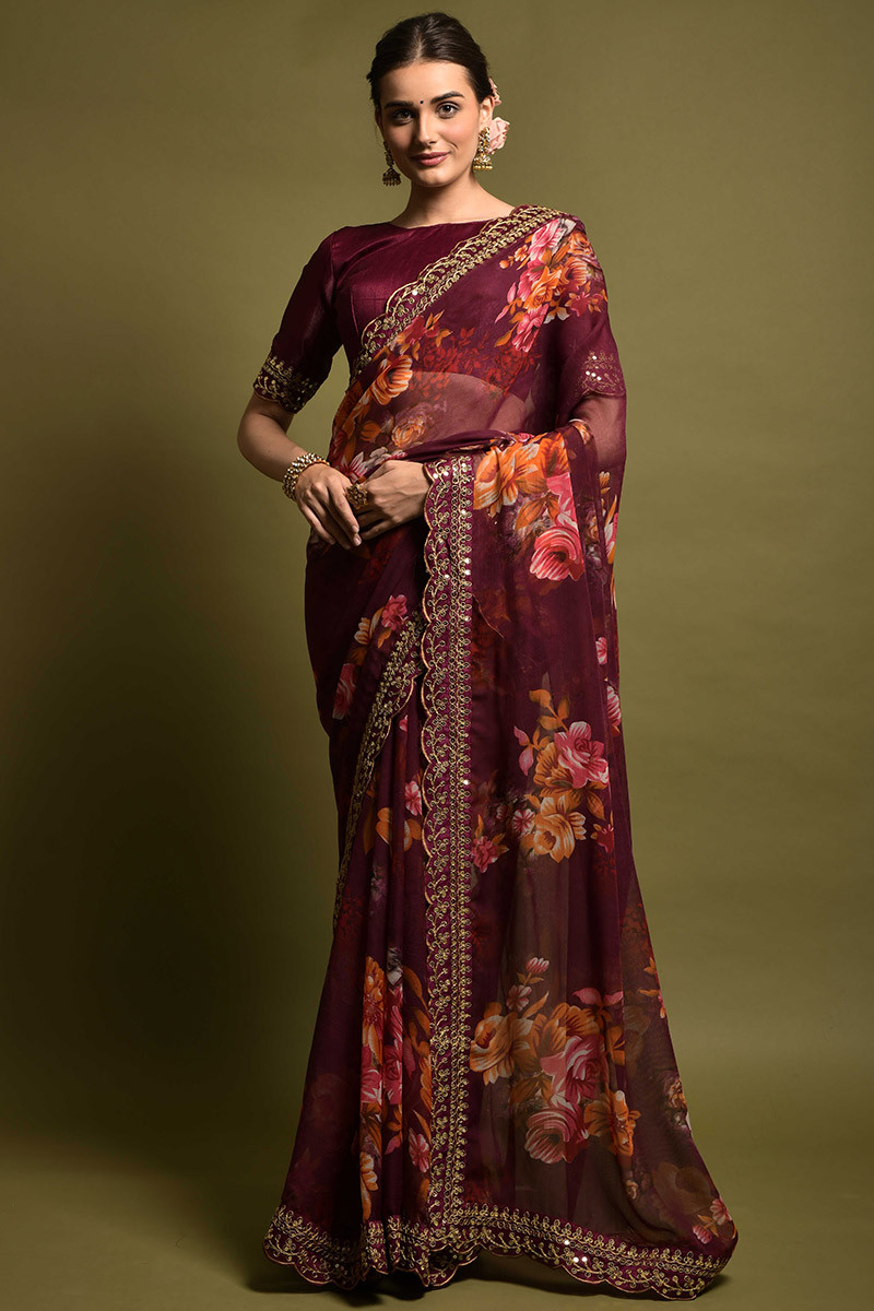 Floral Printed Chiffon Cherry Maroon Saree