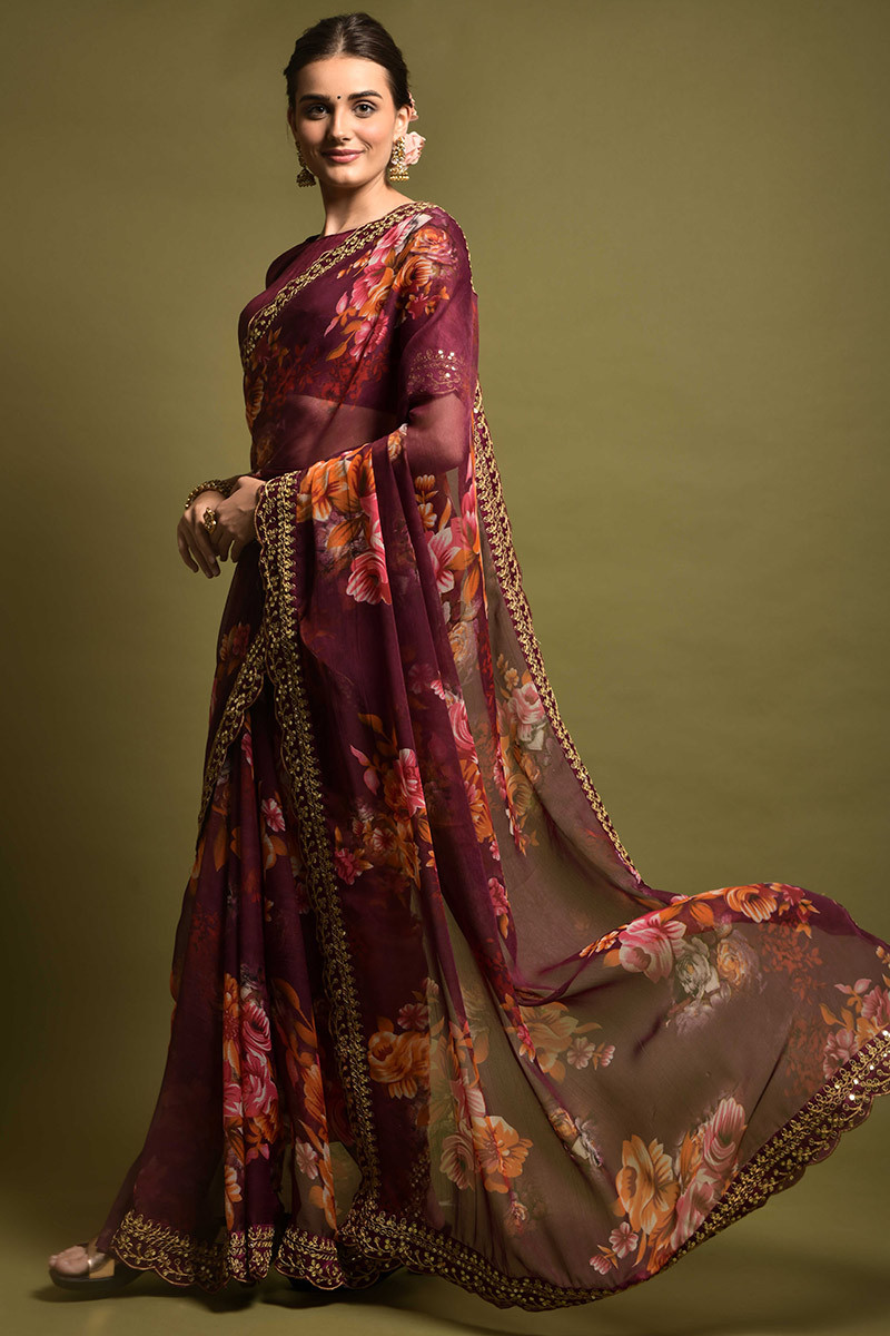 Floral Printed Chiffon Cherry Maroon Saree