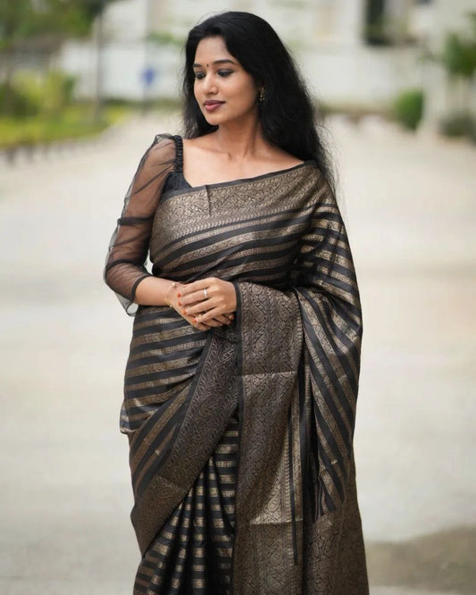 Stunning Black Color Copper Zari Woven Saree With Heavy Blouse Piece