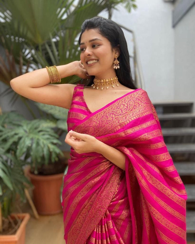 Stunning Pink Color Copper Zari Woven Saree With Heavy Blouse Piece